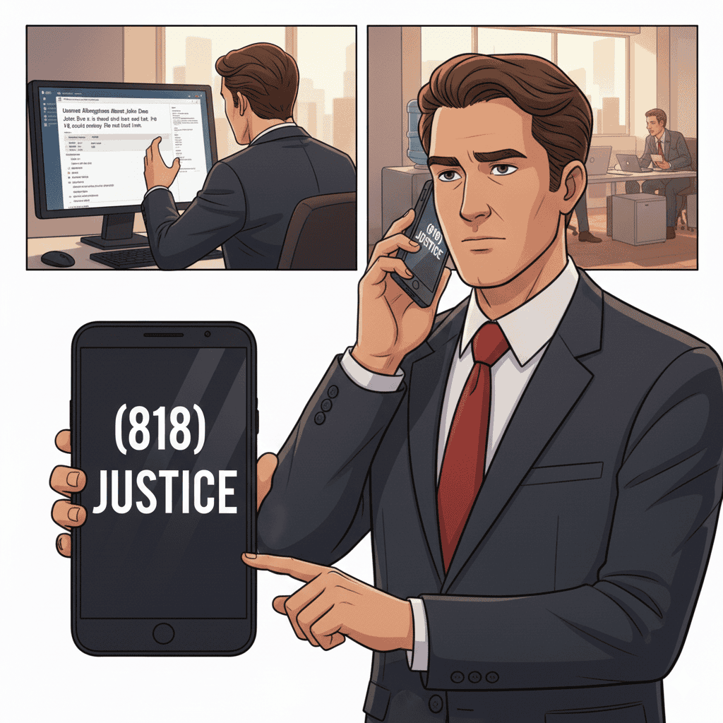 An employee in a suit calling a defamation lawyer by dialing (818) JUSTICE
