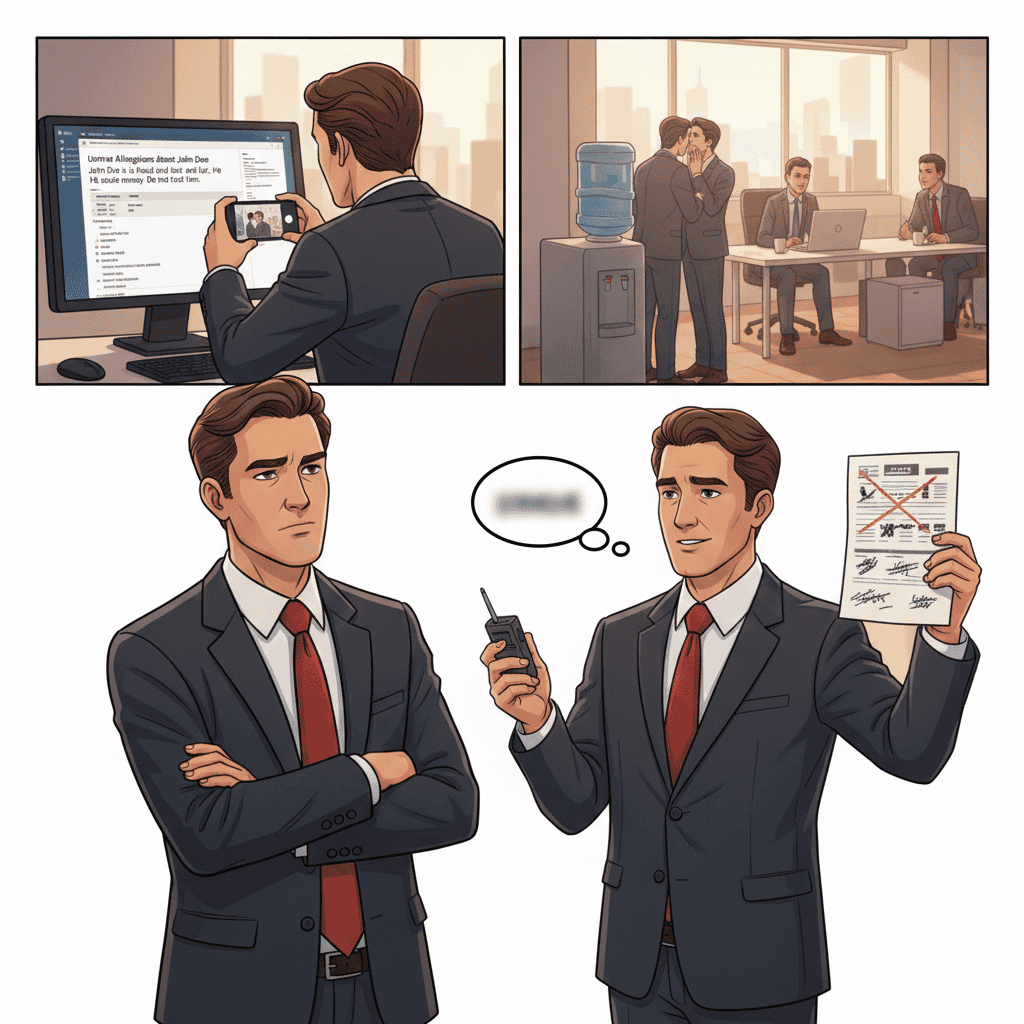 An employee in a suit gathering evidence for a defamation in the workplace case by taking photos on his phone of his computer screen