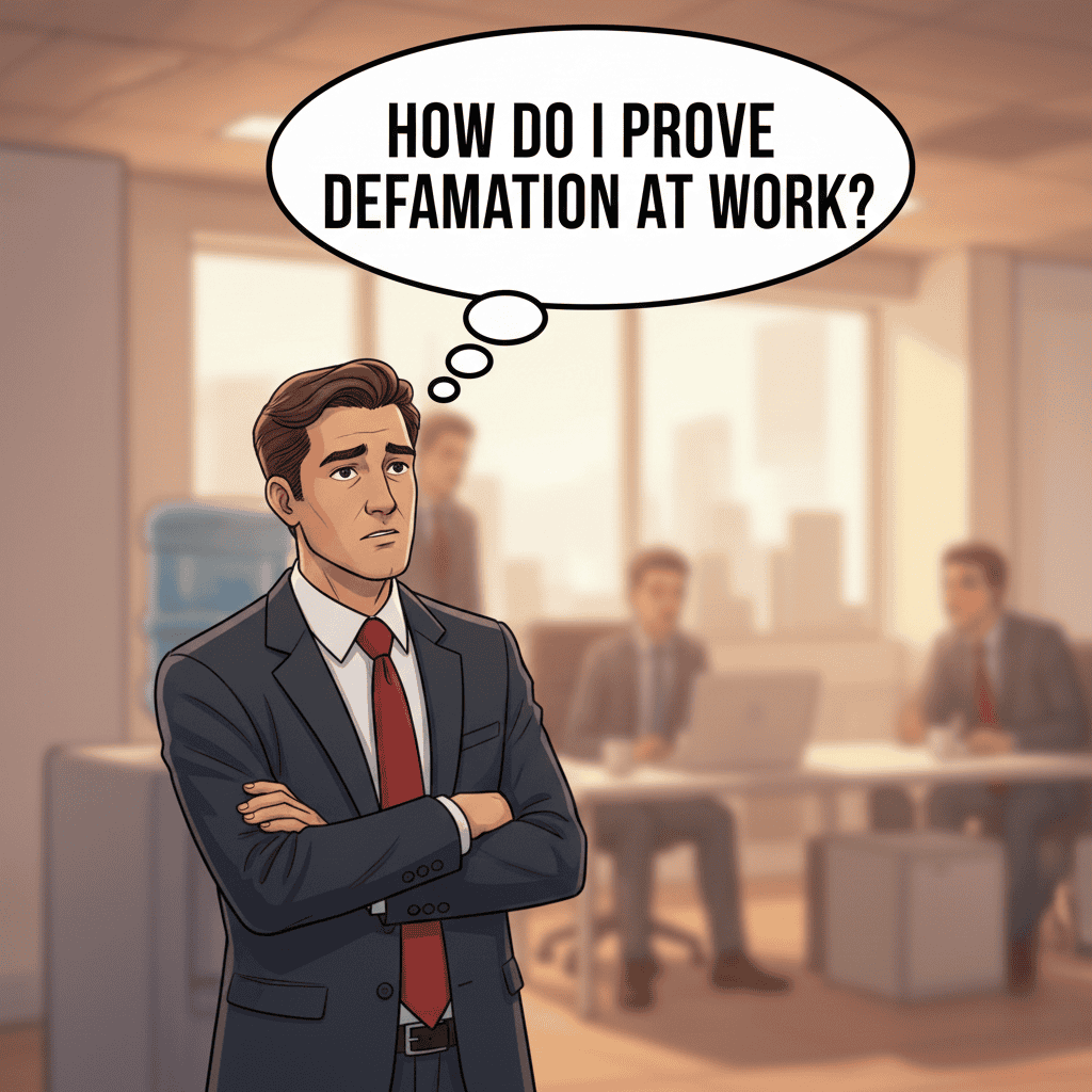 An employee at work dressed in a business suit thinking, "How do I prove defamation at work?"