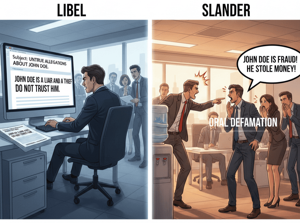 cartoon depicting libel vs slander in the workplace. Libel image shows John Doe is a liar and a thief. The other image shows someone pointing the finger at a co-worker yelling John Doe is a fraud, accusing him of stealing money.