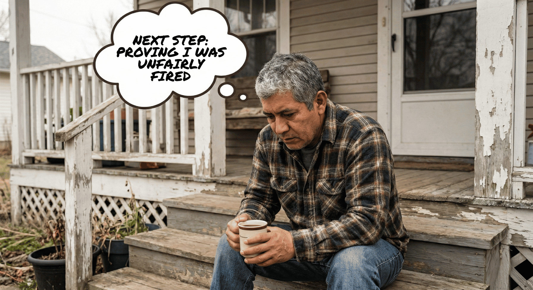 A latino man sitting on hit front step with a coffee and a thought bubble above his head that reads, "Next Step: Proving I was unfairly fired." 