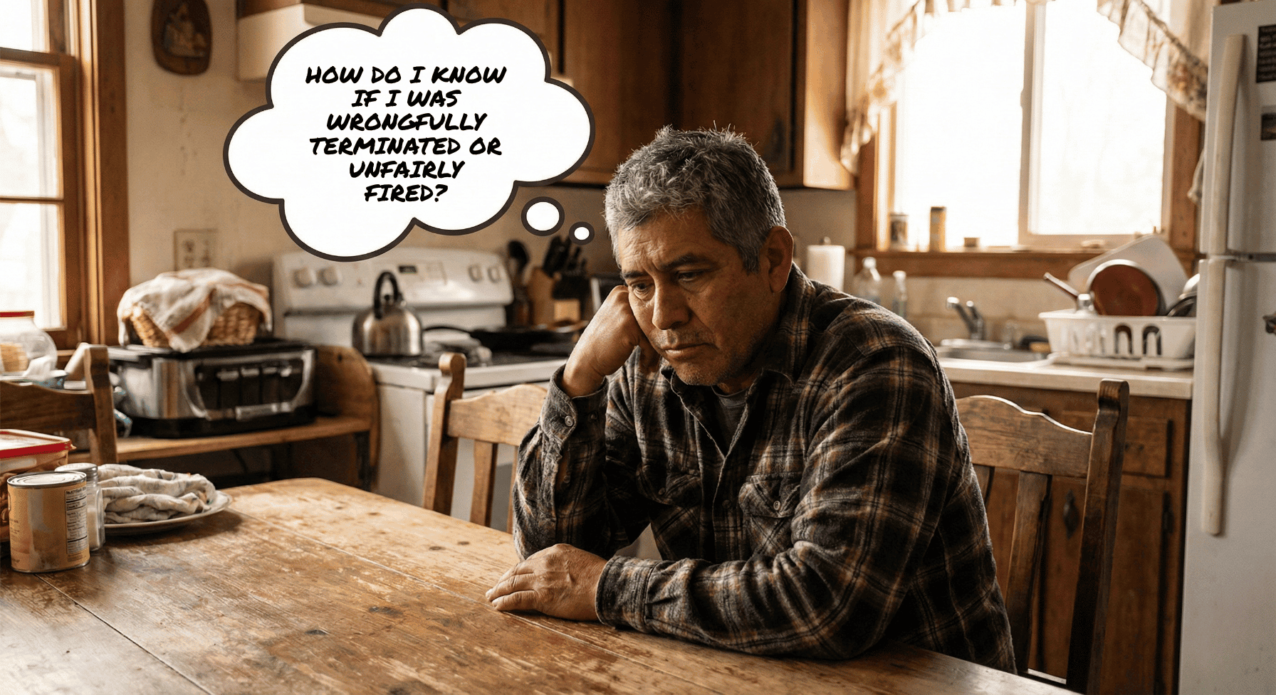 A sad Latino man at his kitchen table with a thought bubble above his head that reads, "How do I know if I was wrongfully terminated or unfairly fired?"
