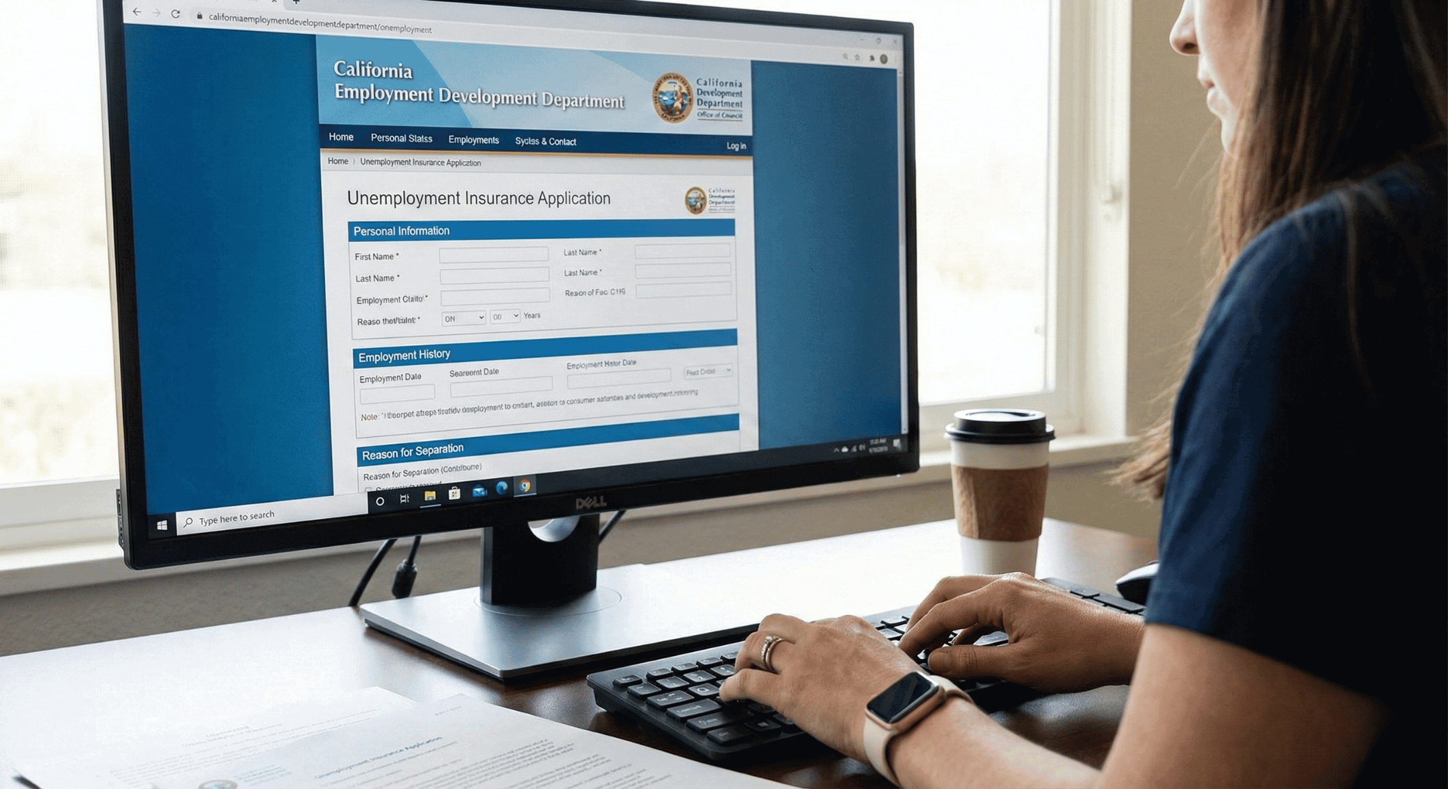 A woman filling out a California Unemployment Benefits Application on her computer