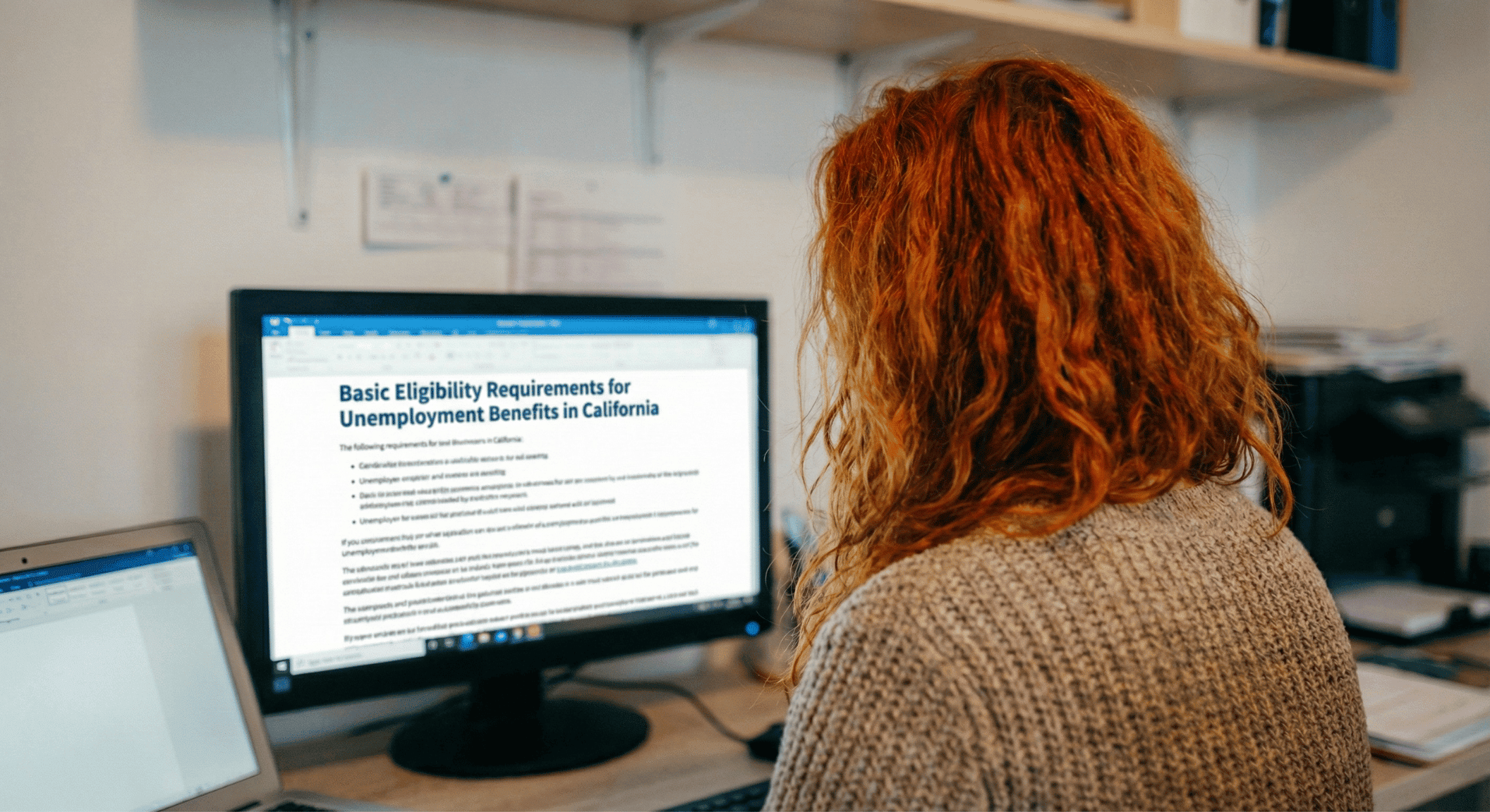 A woman reading her computer screen that reads, "Basic Eligibility Requirements for Unemployment Benefits in California." 