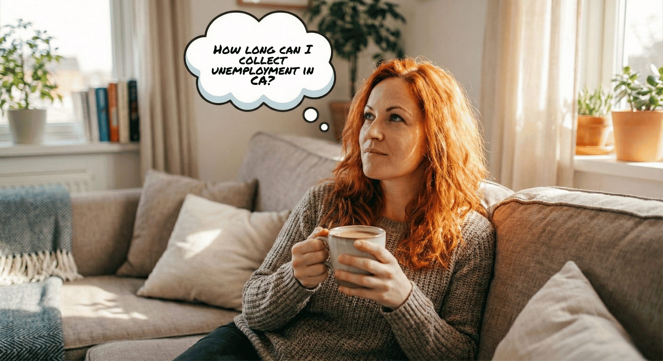 A woman on her couch with a cup of coffee with a thought bubble above her head that reads, "How long can I collect unemployment in CA?" 