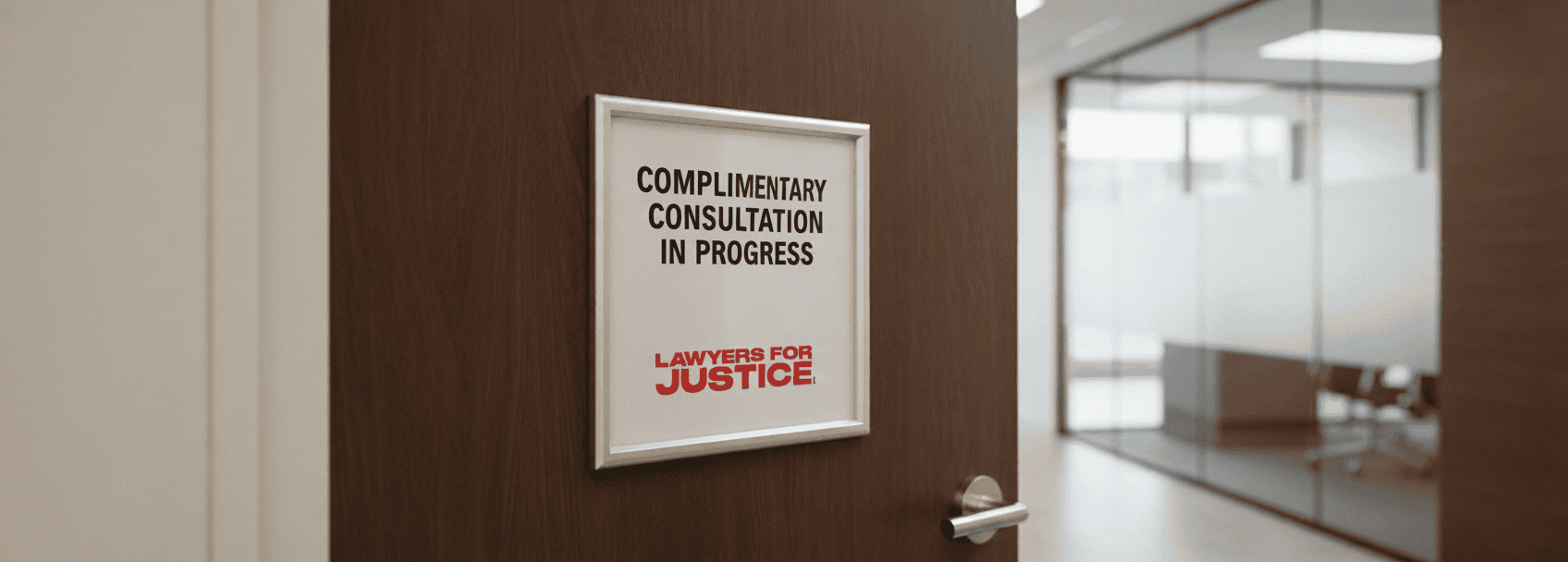 A wooden door in an office with a framed white sign that reads, "Complimentary Consultation in Progress" with a red Lawyers for Justice, P.C. logo
