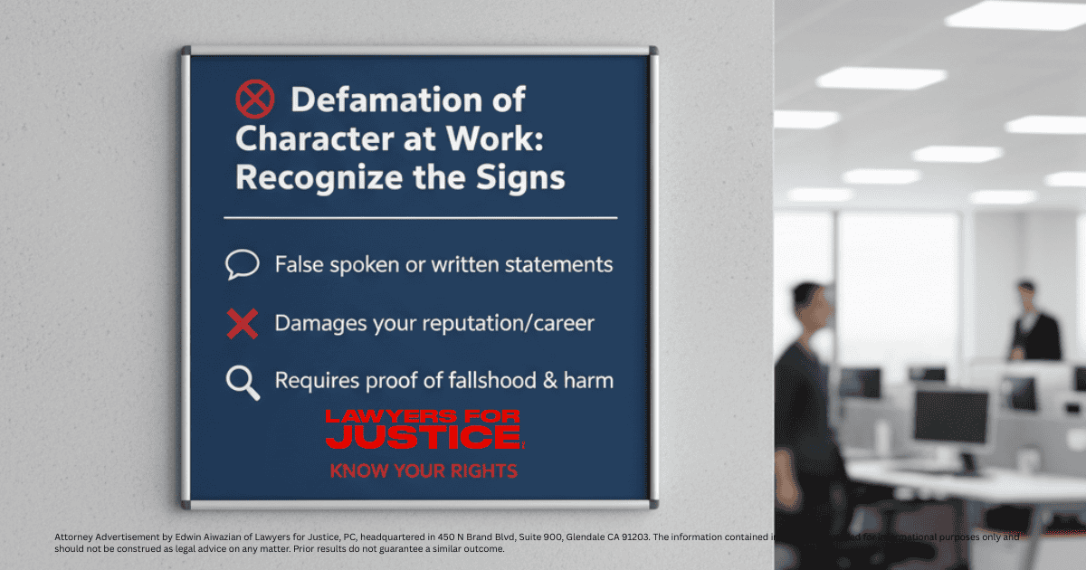 A blue framed sign inside an office that reads, "Defamation of Character at Work: Recognizing the Signs" stating three signs and a Lawyers for Justice logo