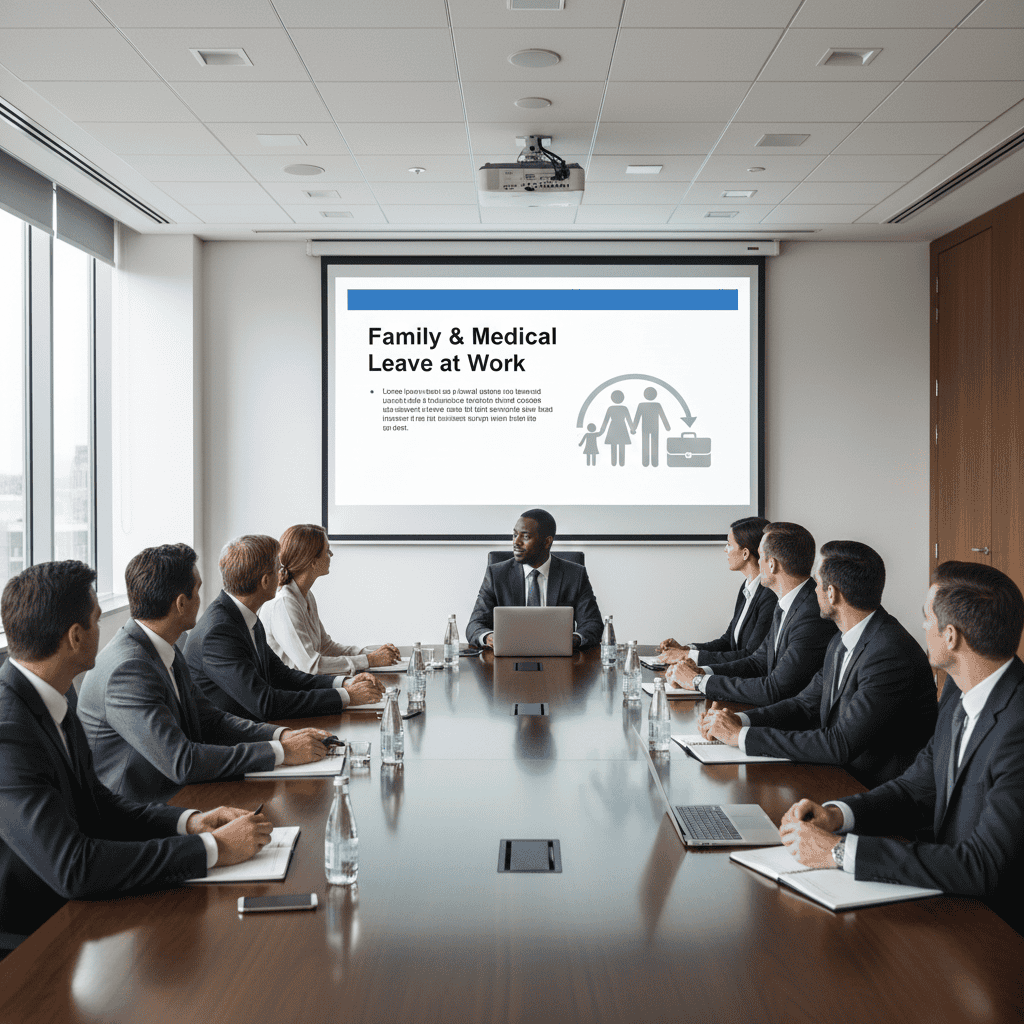 A group of employees in a conference room looking at a presentation slide that reads, "Family & Medical Leave at Work"