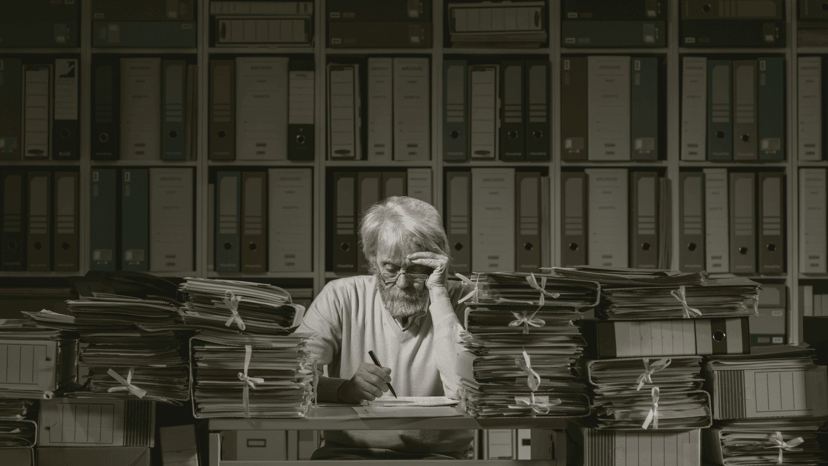 An old man sitting at a desk overloaded with stacks of papers and folders with the words, "Understanding Hostile Work Environment Lawsuits" over his head