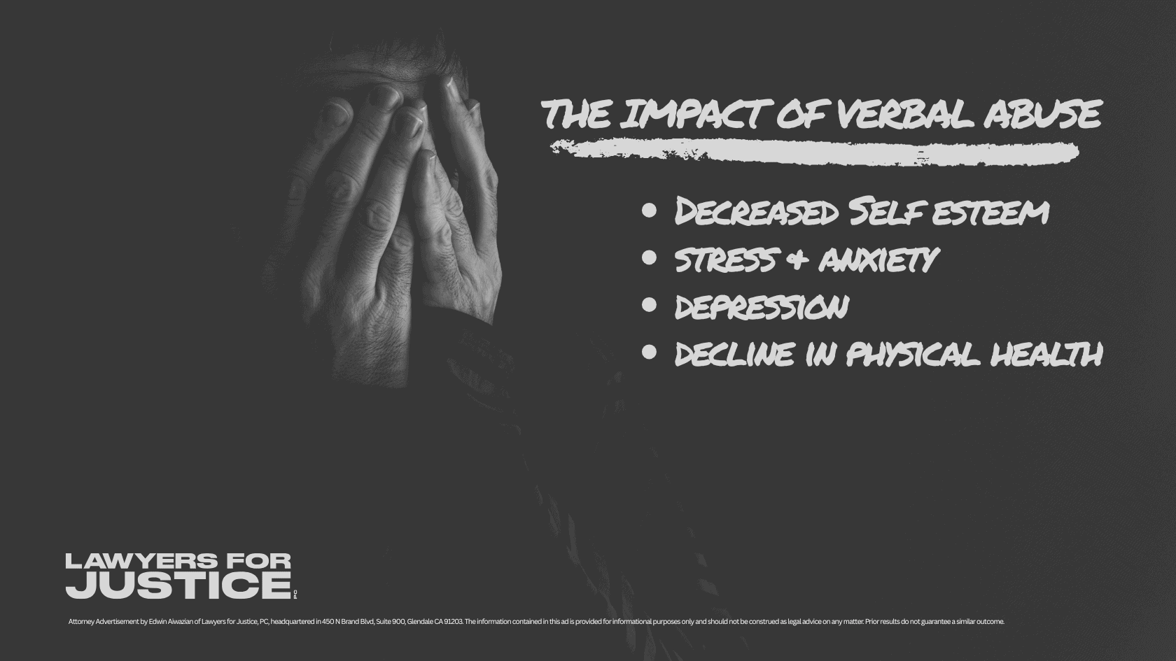 A man in distress with his head in his hands with the words "The Impact of Verbal Abuse" decreased self esteem, stress and anxiety, depression, and a decline in physical health