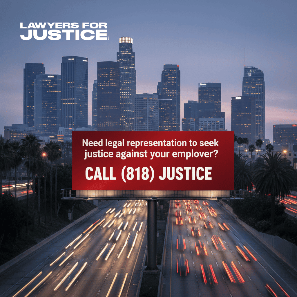 A red Lawyers for Justice billboard hanging over a well traffic highway at dusk in Los Angeles that reads. "Need legal representation to seek justice against your employer? CALL (818) JUSTICE"