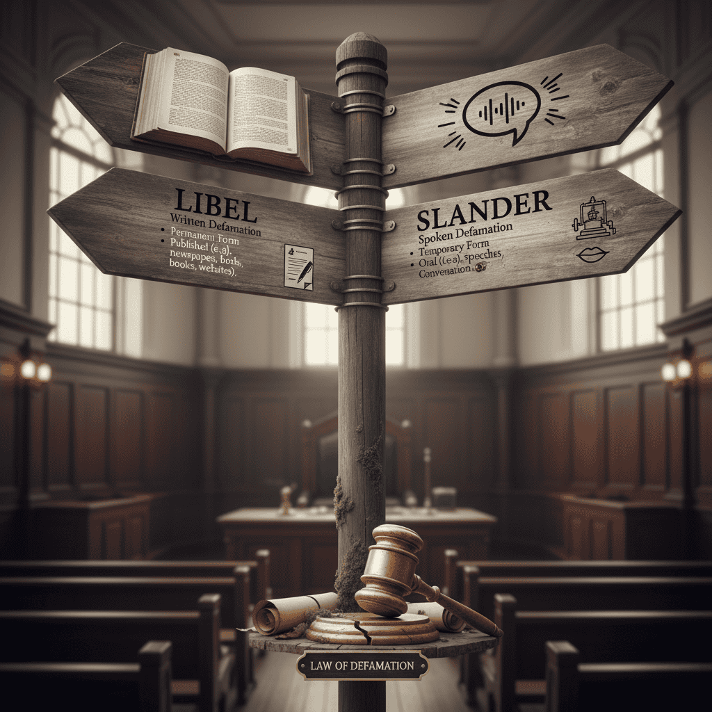 An sign in a courtroom that explains the difference between libel and slander to determine if you're a victim of defamation of character at work