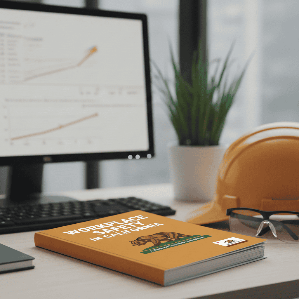 An orange handbook on a worker's desk that reads, "WORKPLACE SAFETY IN CALIFORNIA" with an orange worker's hat and safety goggles to the right of the handbook