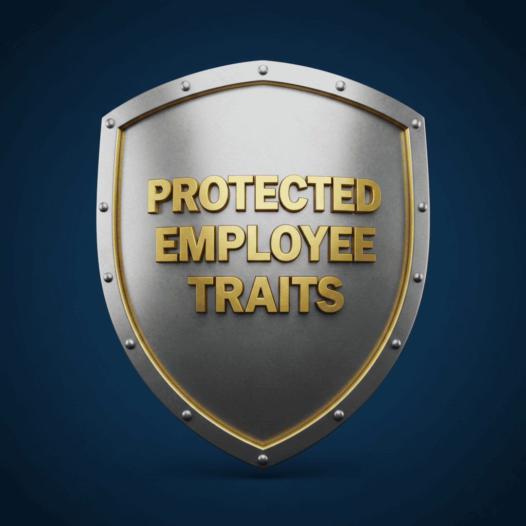 A silver shield with gold writing that reads, "protected employee traits"