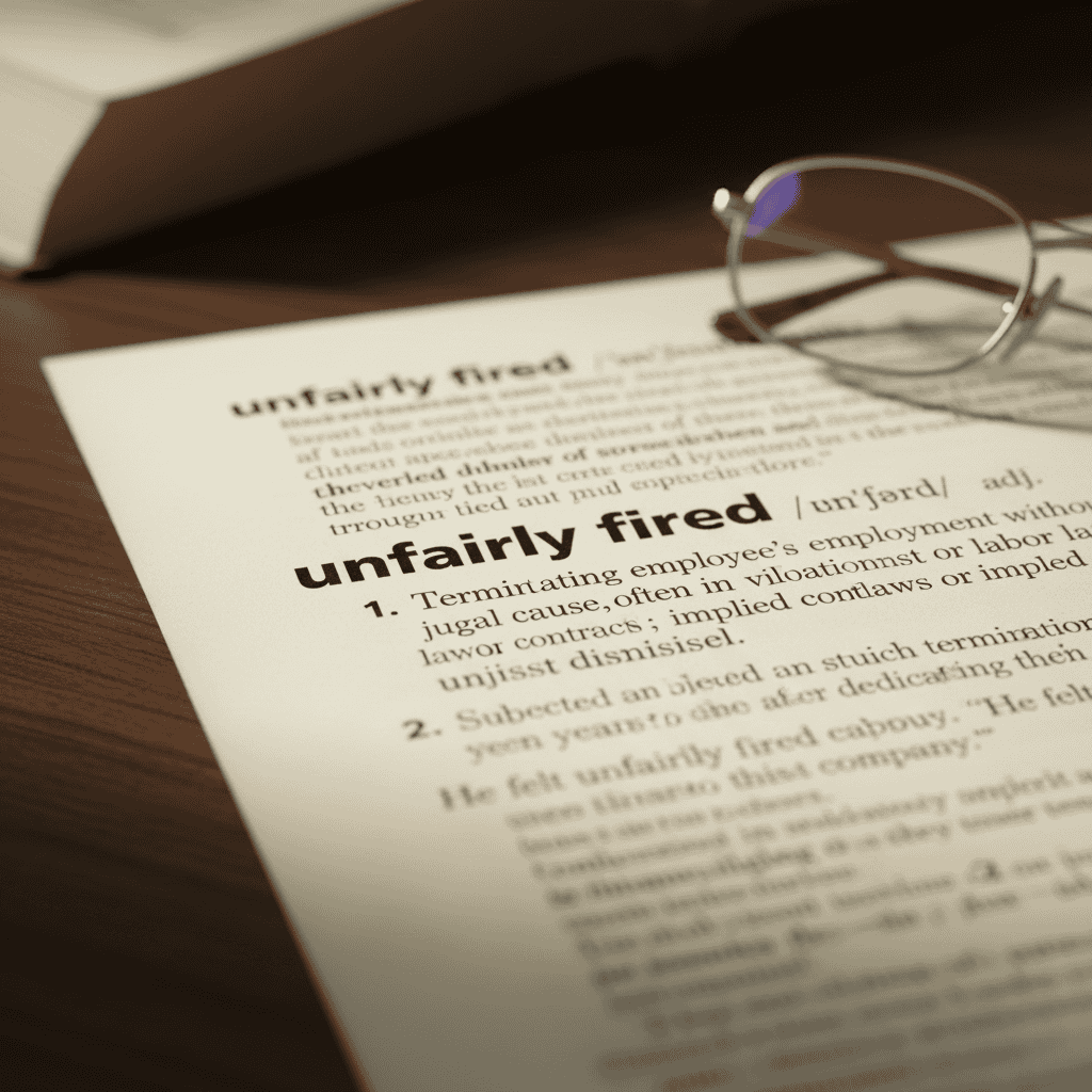 A printed sheet that looks like a page of a dictionary that reads, "unfairly fired" along with the definition. 