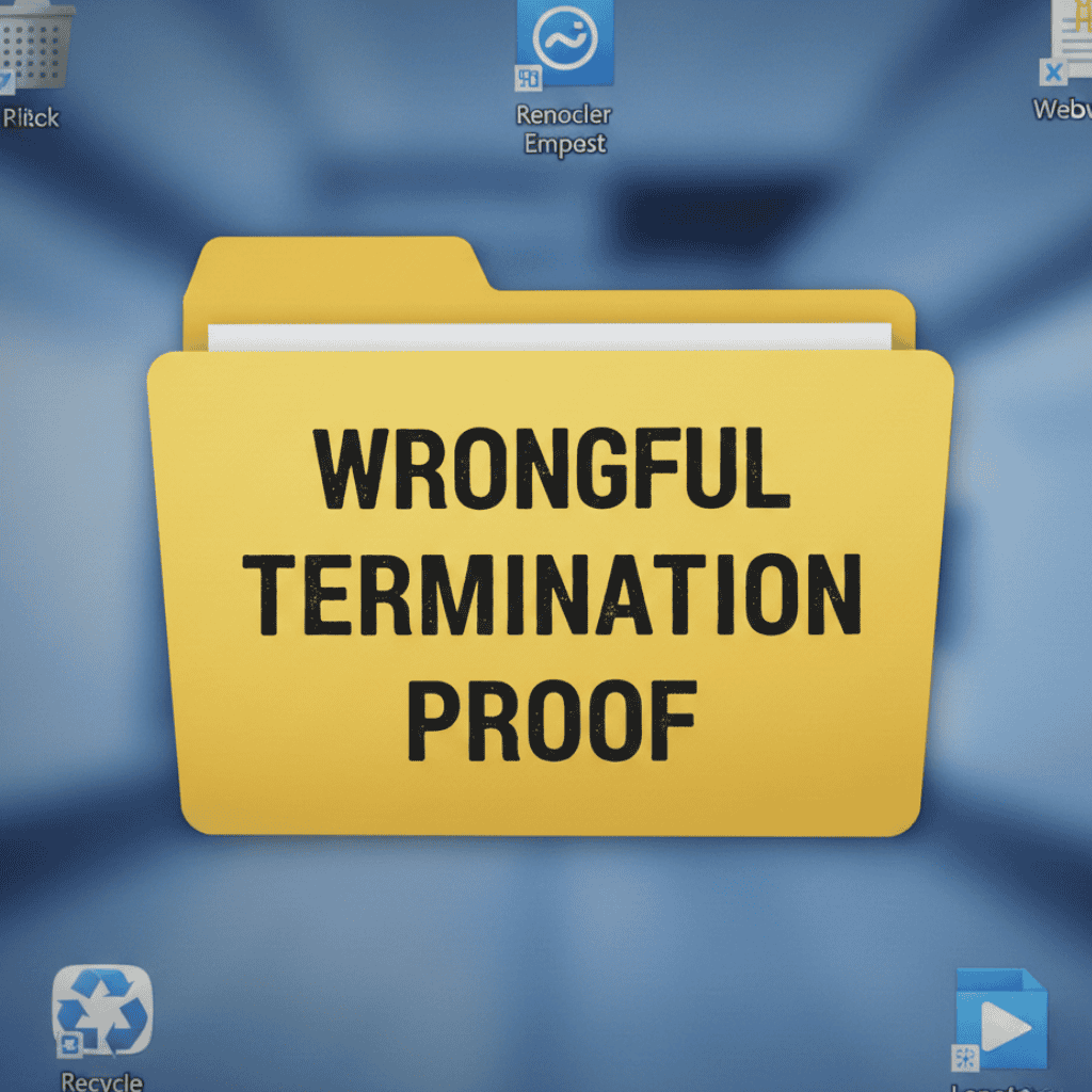 A yellow folder on a computer desktop that reads, "Wrongful Termination Proof" in black writing. 
